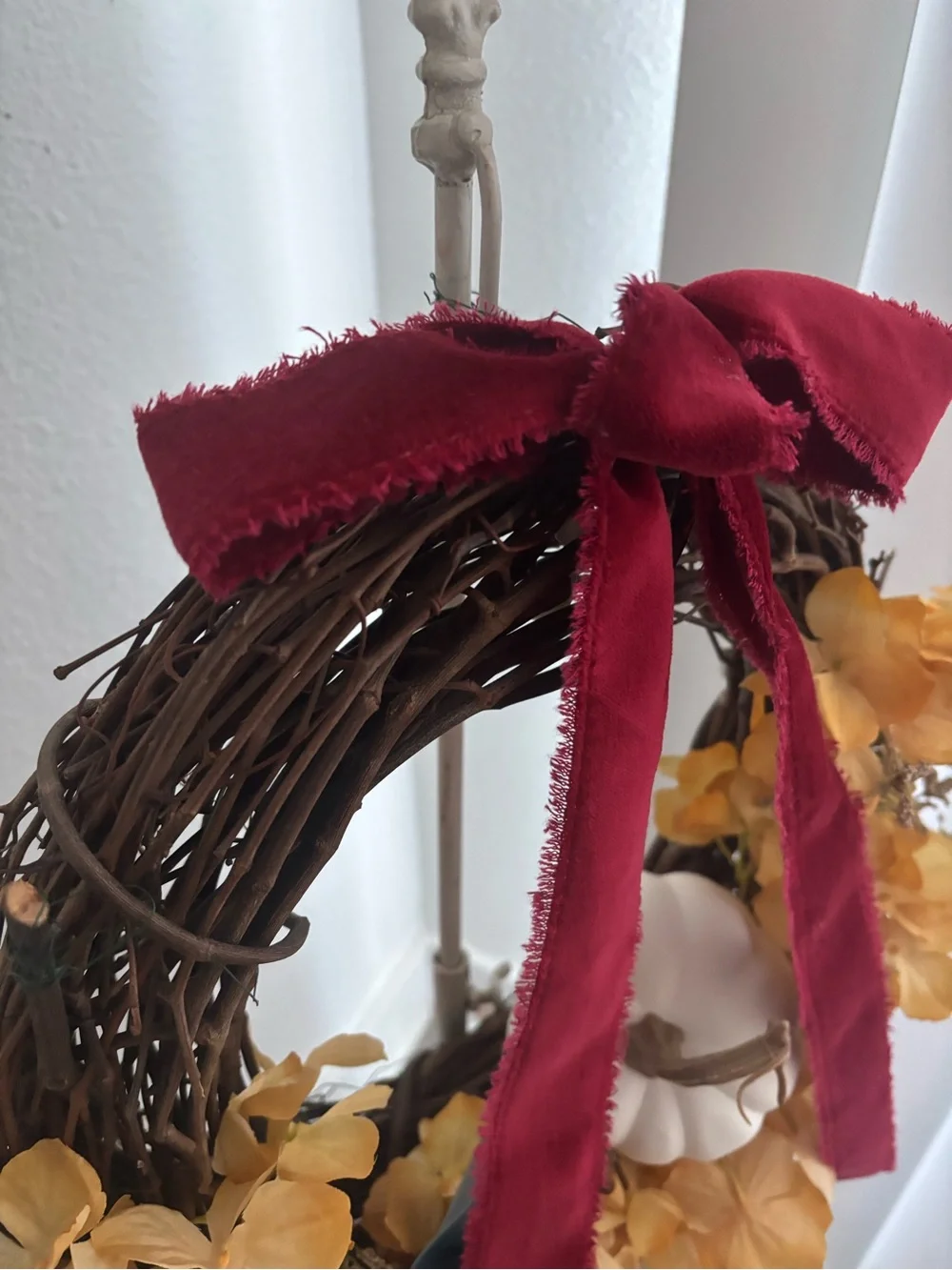 Autumn Hydrangeas Fall Harvest Wreath Pumpkin Hand Crafted w/Wine Bow Final Sale